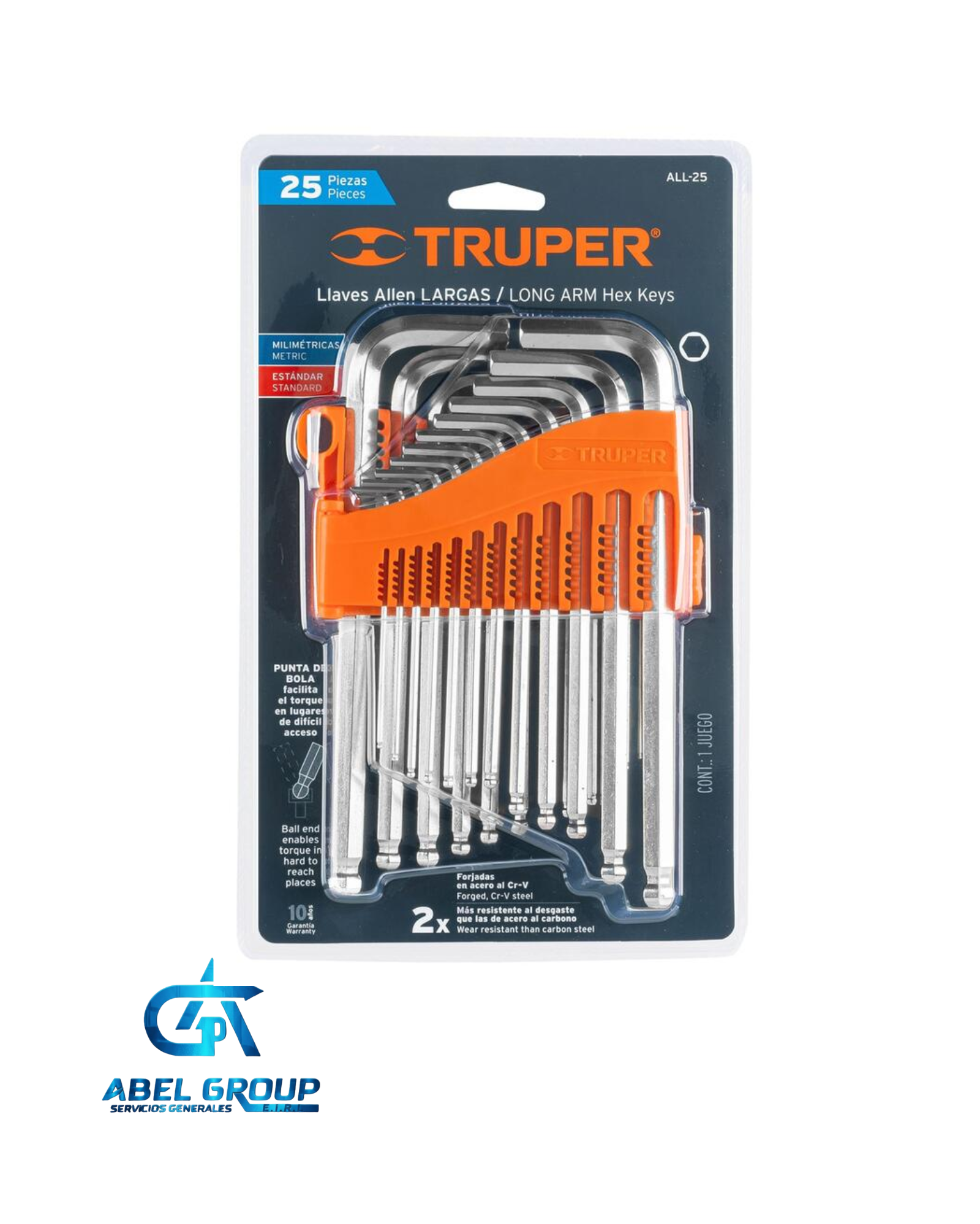 JUEGO 25 LLAVES ALLEN LARGAS STD Y MM PUNTA BOLA, ORGANIZADOR - TRUPER